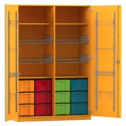 Flexeo® Sportschrank, Dekor gelb, Gerätehaken, 4 Gitterkörbe, 12 große Boxen bunt
