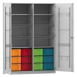 Flexeo Sportschrank, Dekor grau, HxBxT: 190 x 126,4 x 60 cm, 4 Gitterkörbe, 12 große Boxen bunt, Bogengriff mit Schloss