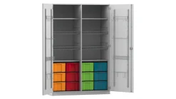 Flexeo Sportschrank, Dekor grau, HxBxT: 190 x 126,4 x 60 cm, 4 Gitterkörbe, 12 große Boxen bunt, Bogengriff mit Schloss