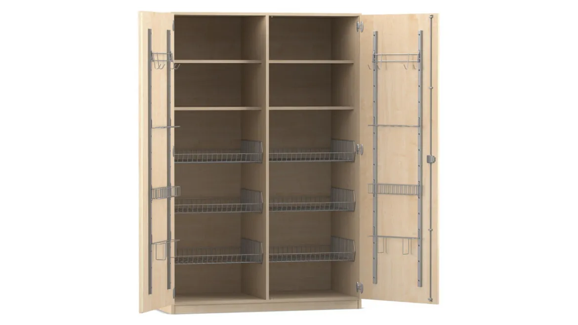 Flexeo Sportschrank mit Gerätehaken, Ahorn honig, 6 Gitterkörbe, Schloss