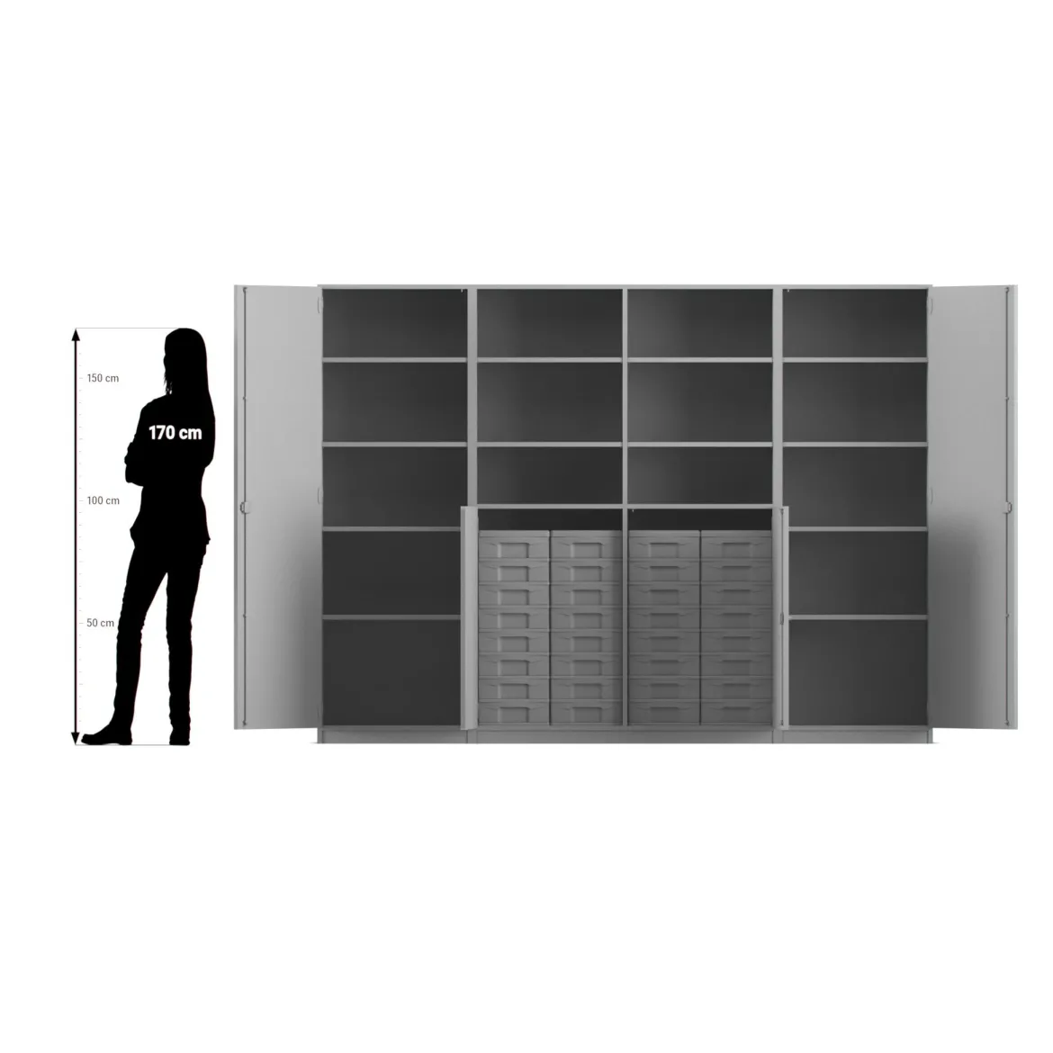 Flexeo Systemschrankwand Jupiter, Ahorn honig, HxBxT: 190 x 254,6 x 50 cm, 32 kleine Boxen transparent, 4 Türen, Bogengriff mit Schloss