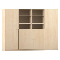 Flexeo Systemschrankwand Jupiter, Ahorn honig, HxBxT: 190 x 254,6 x 50 cm, 32 kleine Boxen transparent, 4 Türen, Bogengriff mit Schloss