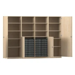 Flexeo Systemschrankwand Jupiter, Ahorn honig, HxBxT: 190 x 254,6 x 50 cm, 32 kleine Boxen transparent, 4 Türen, Bogengriff mit Schloss