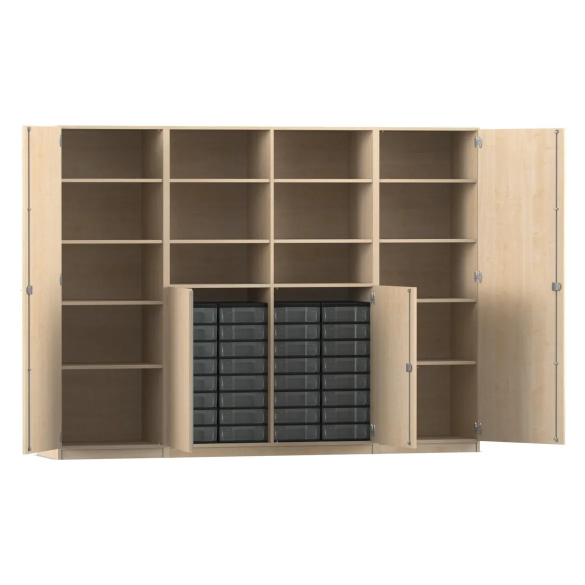 Flexeo Systemschrankwand Jupiter, Ahorn honig, HxBxT: 190 x 254,6 x 50 cm, 32 kleine Boxen transparent, 4 Türen, Bogengriff mit Schloss