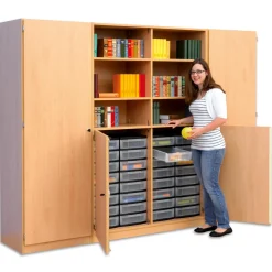 Flexeo Systemschrankwand Jupiter, Ahorn honig, HxBxT: 190 x 254,6 x 50 cm, 32 kleine Boxen transparent, 4 Türen, Bogengriff mit Schloss