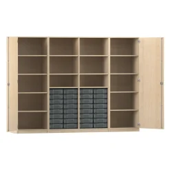Flexeo Systemschrankwand Mars, Ahorn honig, HxBxT: 190 x 254,6 x 50 cm, 32 kleine Boxen transparent, 2 Türen, Bogengriff mit Schloss