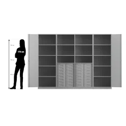 Flexeo Systemschrankwand Mars, Ahorn honig, HxBxT: 190 x 254,6 x 50 cm, 32 kleine Boxen transparent, 2 Türen, Bogengriff mit Schloss