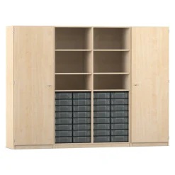 Flexeo Systemschrankwand Mars, Ahorn honig, HxBxT: 190 x 254,6 x 50 cm, 32 kleine Boxen transparent, 2 Türen, Bogengriff mit Schloss