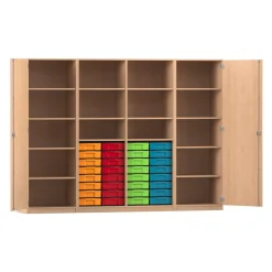 Flexeo Systemschrankwand Mars, Buche hell, HxBxT: 190 x 254,6 x 50 cm, 32 kleine Boxen bunt, Bogengriff mit Schloss