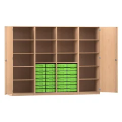 Flexeo® Systemschrankwand Mars, Buche hell, 32 kleine Boxen grün, 16 Fächer, HxBxT: 190 x 254,6 x 50 cm, Dreholive