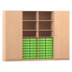 Flexeo® Systemschrankwand Mars, Buche hell, 32 kleine Boxen grün, 16 Fächer, HxBxT: 190 x 254,6 x 50 cm, Dreholive