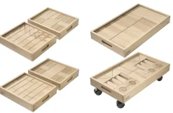 Fröbel-Bauwagen, 230 Bausteine in 6 Holzkästen