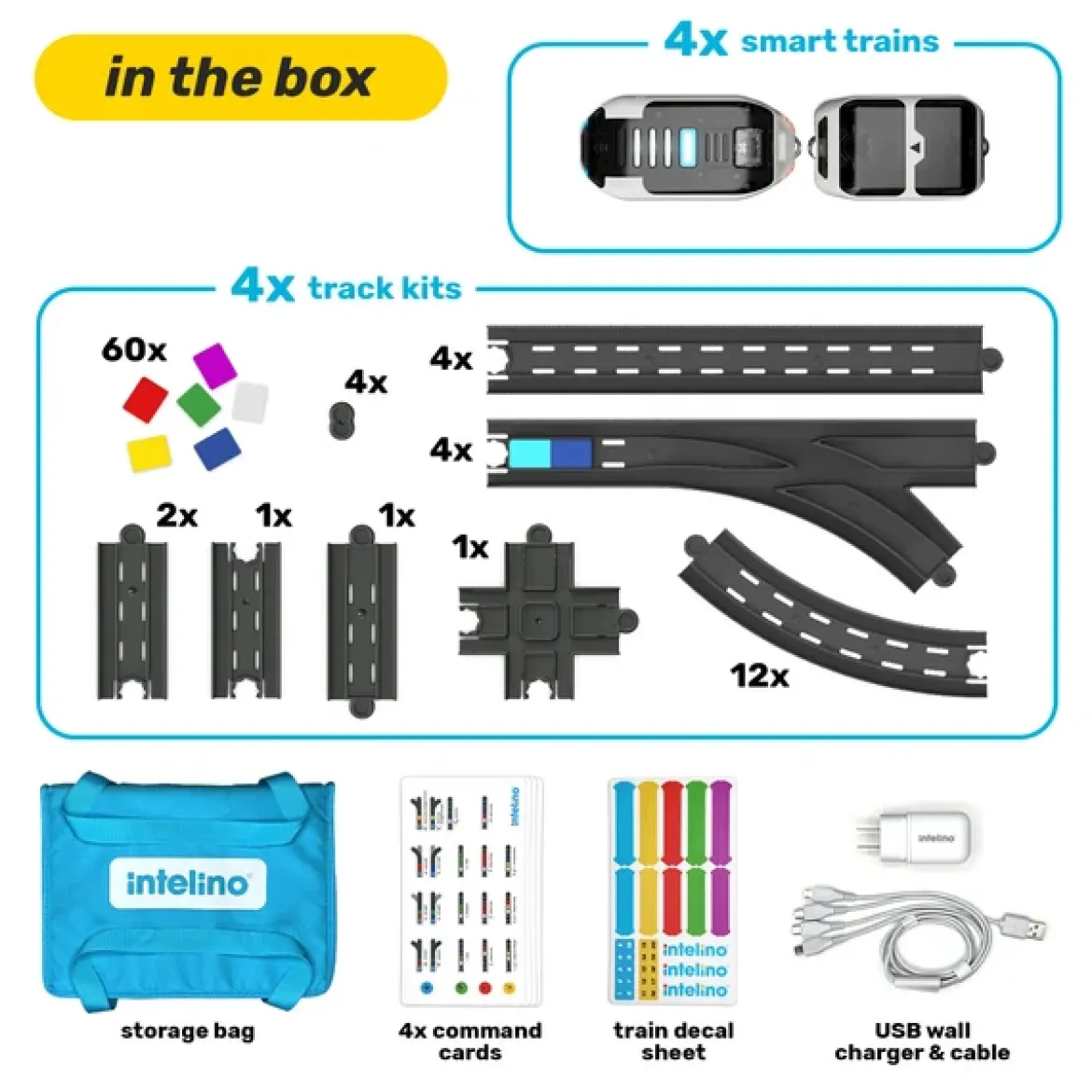 Intelino Smart Train, Klassensatz, programmierbarer Zug-Roboter, 4 Züge, 4 Waggons, 4 Gleisbausätze und 60 Farbplättchen