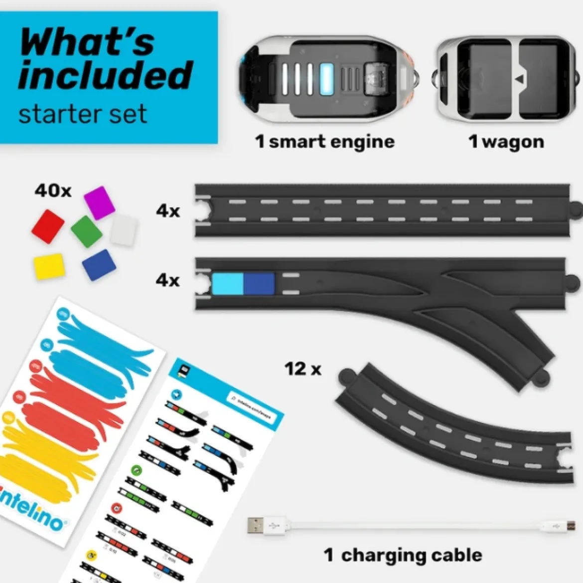 Intelino Smart Train, Starter Set, programmierbarer Zug-Roboter, 4 Programmiermodi, inkl. 20 Schienen und 40 Farbplättchen