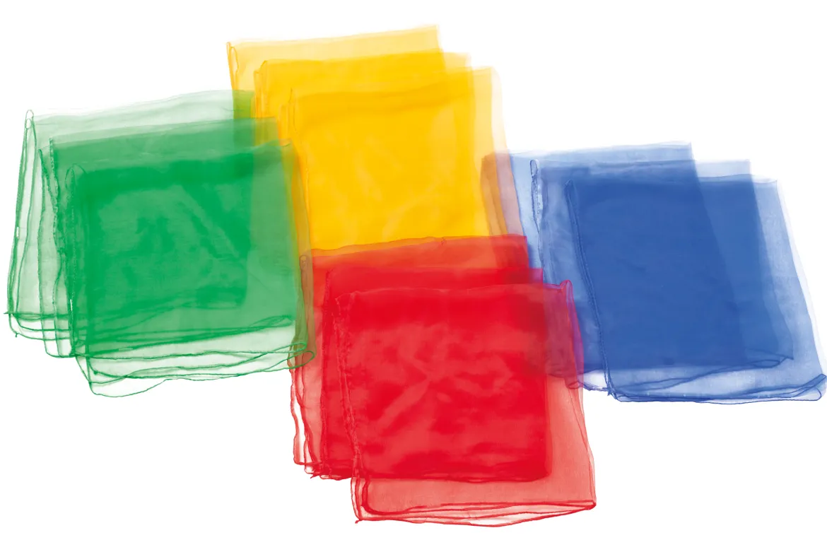 Jongliertücher - 4 Farben 68 x 68 cm, 12er-Set, rot, blau, gelb, grün