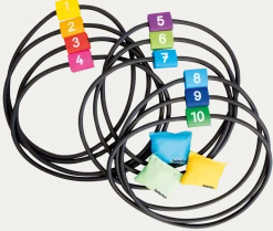 Jump & Throw, 10 bunte Ringe und 3 Wurfsäckchen, ab 4 Jahre
