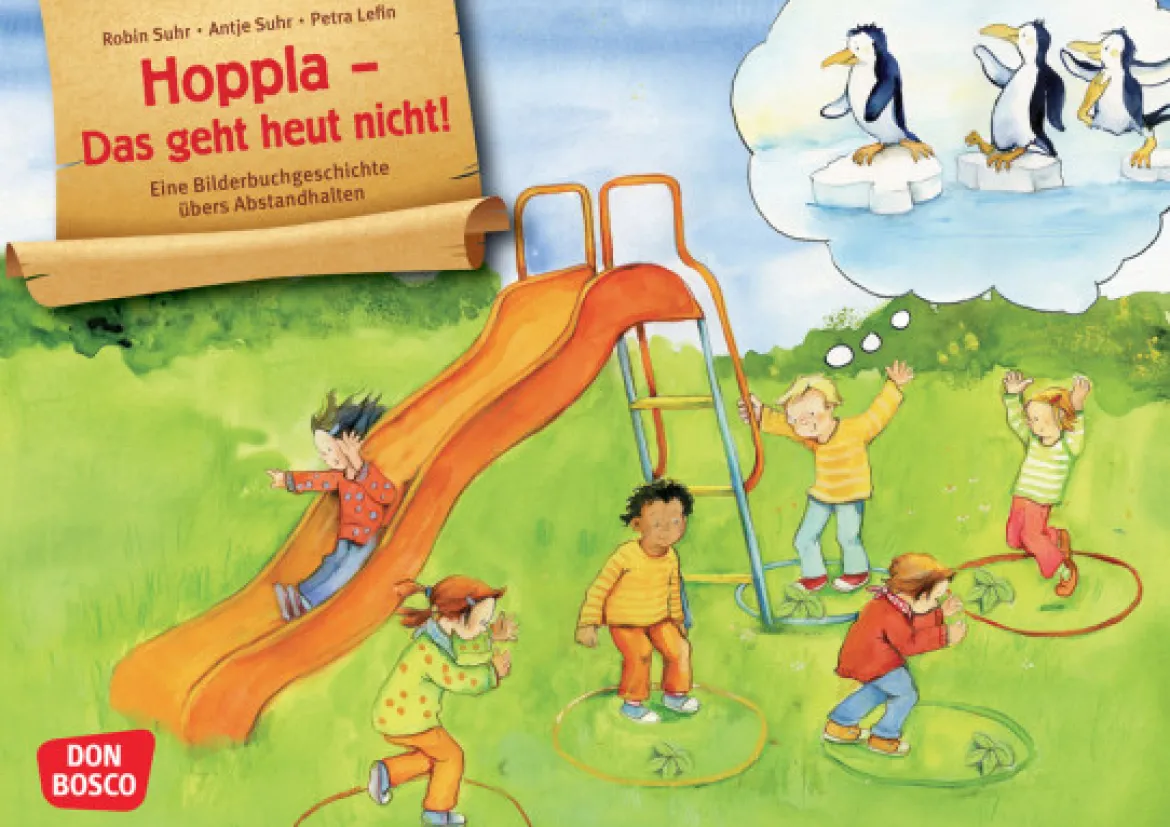 Kamishibai Bildkartenset - Hoppla - Das geht heut nicht! Eine Bilderbuchgeschichte übers Abstand halten, 3-8 Jahre