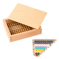 Kasten mit farbiger Perlentreppe von 1 bis 9 und neun goldenen Zehnerstäbchen (1 Satz Kunststoff)