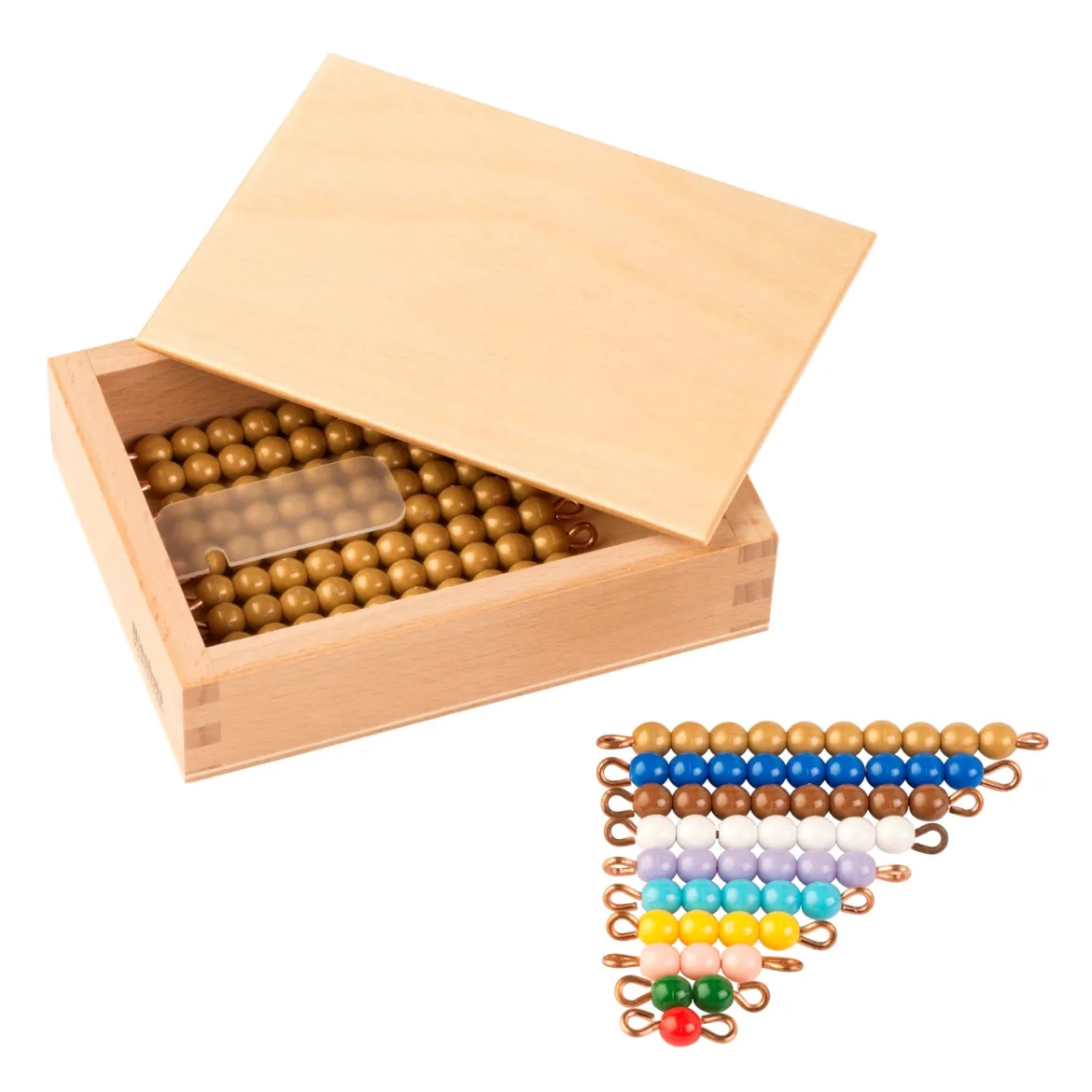 Kasten mit farbiger Perlentreppe von 1 bis 9 und neun goldenen Zehnerstäbchen (1 Satz Kunststoff)