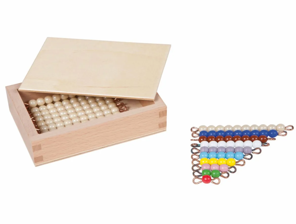 Kasten mit farbiger Perlentreppe von 1-9 und neun goldenen Zehnerstäbchen, lose Perlen, Glas