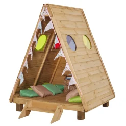 Kleine Spielhütte "Waldhaus", mit Spitzdach und bunten Fenstern, Indoor und Outdoor, aus Holz