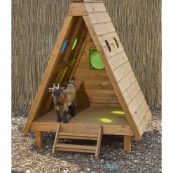 Kleine Spielhütte "Waldhaus", mit Spitzdach und bunten Fenstern, Indoor und Outdoor, aus Holz