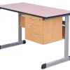 Lehrertisch mit L-Fuß, Tischplatte Ahorn 130x65cm, PU-Kante, Höhe 76 cm, Unterbau rechts, Stahlfarbe 9006 Weißaluminium
