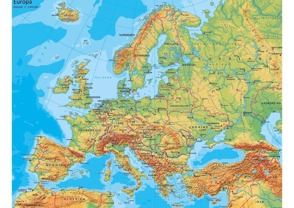 Leinenkarte in Schulausführung, Europa physisch, 150 x 120 cm