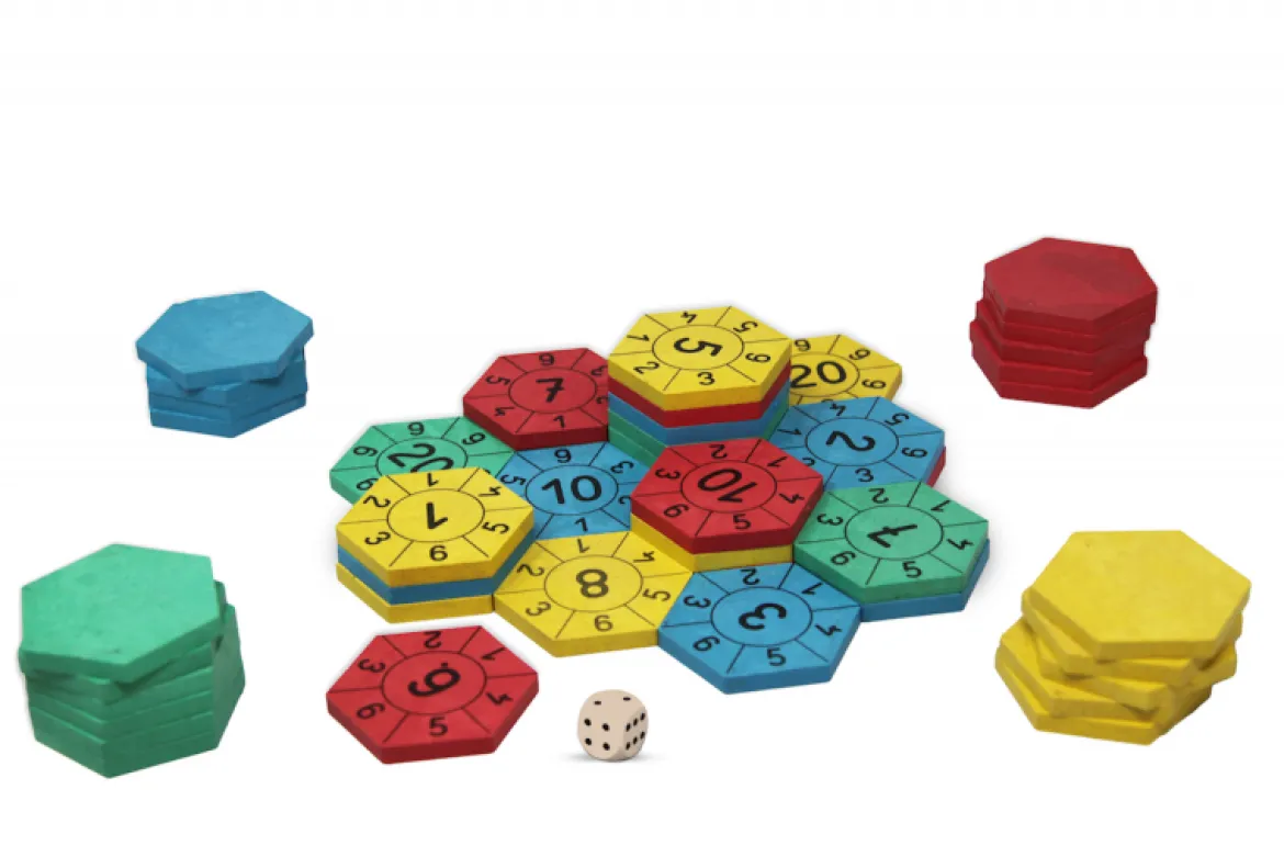 Mathespiel - Zahlenburg Hexagon aus RE-Wood®, im Karton mit Anleitung