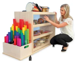 Musikwagen mit Aufkantung und 3 Auszügen, Ahorn Honig, mit Box für Boomwhackers