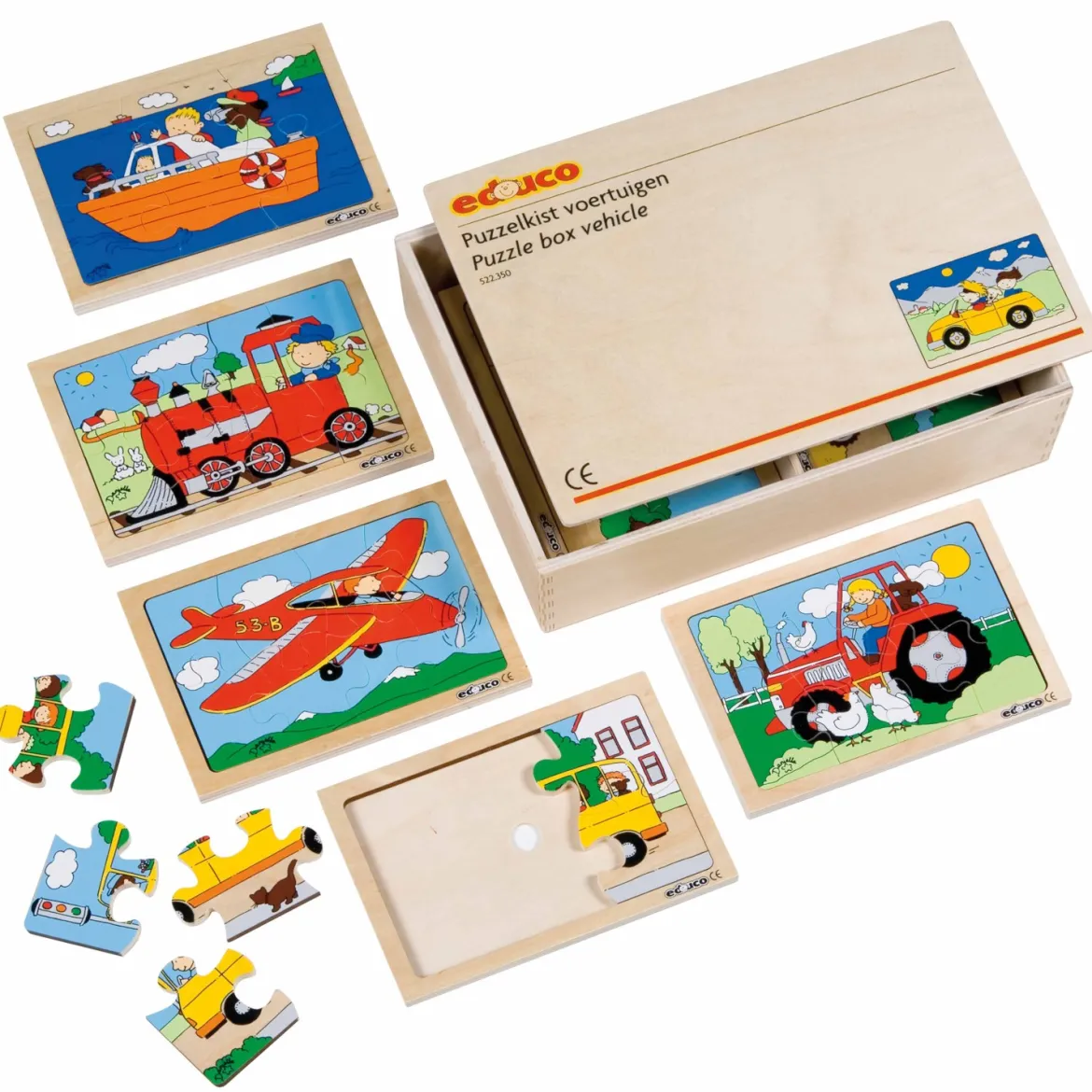 Puzzlebox Fahrzeuge, 10 Stück je 6-8 Teile in Holzbox, ab 3 Jahre