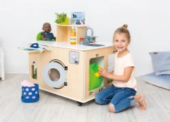 Rollenspiel-Set, Spielküche mit Waschmaschine und Bügelstation, Spielmöbel aus Holz, für Kinder