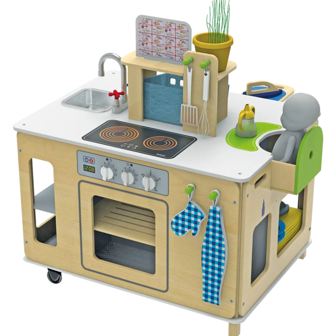 Rollenspiel-Set, Spielküche mit Waschmaschine und Bügelstation, Spielmöbel aus Holz, für Kinder
