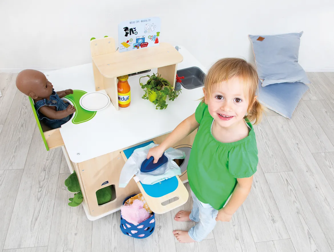 Rollenspiel-Set, Spielküche mit Waschmaschine und Bügelstation, Spielmöbel aus Holz, für Kinder