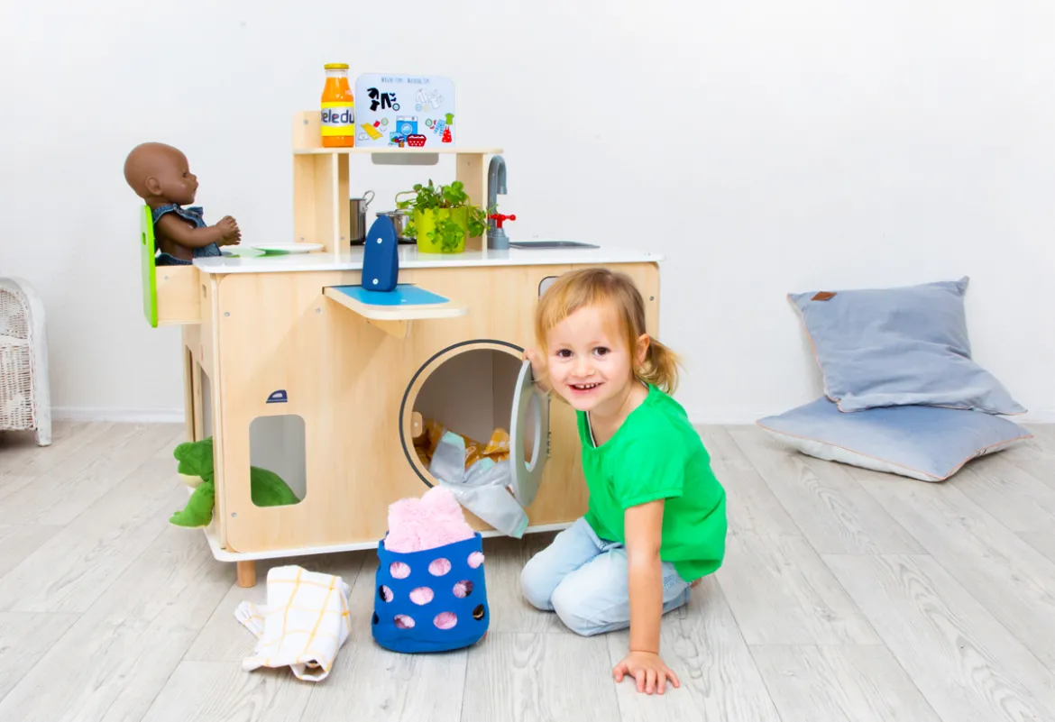 Rollenspiel-Set, Spielküche mit Waschmaschine und Bügelstation, Spielmöbel aus Holz, für Kinder