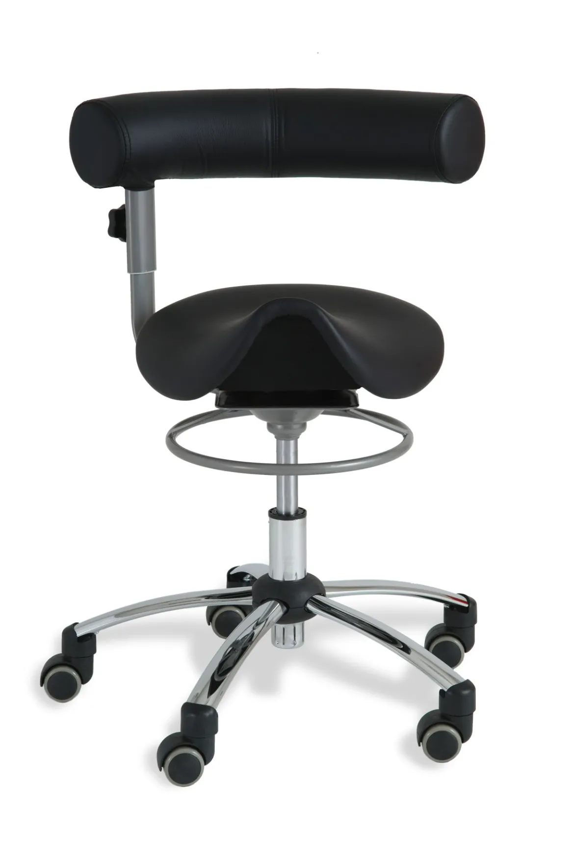 Sanus®-Sattelsitz 36-43 cm mit höhenverstellbarer Lehne, Kunstleder schwarz, Bürorollen