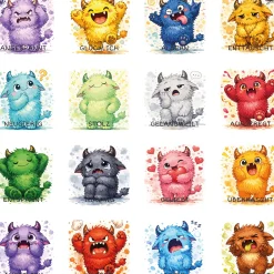 Sitz-Teppichfliesen Emotionen, 16 Monster mit verschiedenen Gefühlen, für Kinder, 34 x 34 cm