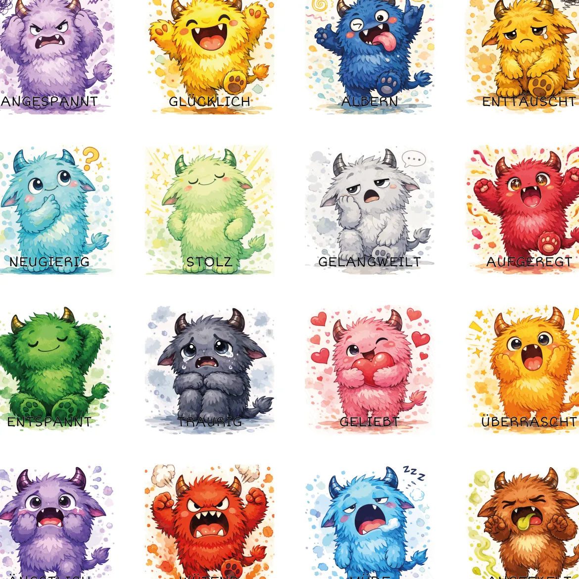 Sitz-Teppichfliesen Emotionen, 16 Monster mit verschiedenen Gefühlen, für Kinder, 34 x 34 cm