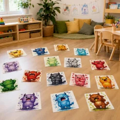 Sitz-Teppichfliesen Emotionen, 16 Monster mit verschiedenen Gefühlen, für Kinder, 34 x 34 cm