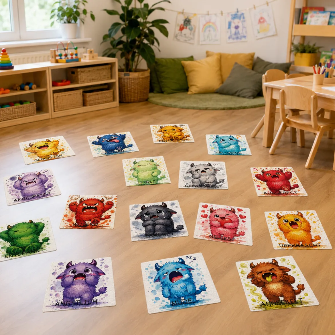 Sitz-Teppichfliesen Emotionen, 16 Monster mit verschiedenen Gefühlen, für Kinder, 34 x 34 cm