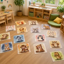 Sitz-Teppichfliesen Emotionen, 16 Tiere mit verschiedenen Gefühlen, für Kinder, 34 x 34 cm