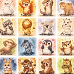 Sitz-Teppichfliesen Emotionen, 16 Tiere mit verschiedenen Gefühlen, für Kinder, 34 x 34 cm