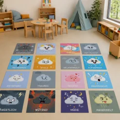Sitz-Teppichfliesen Emotionen, 16 Wolken mit verschiedenen Gefühlen, für Kinder, 34 x 34 cm