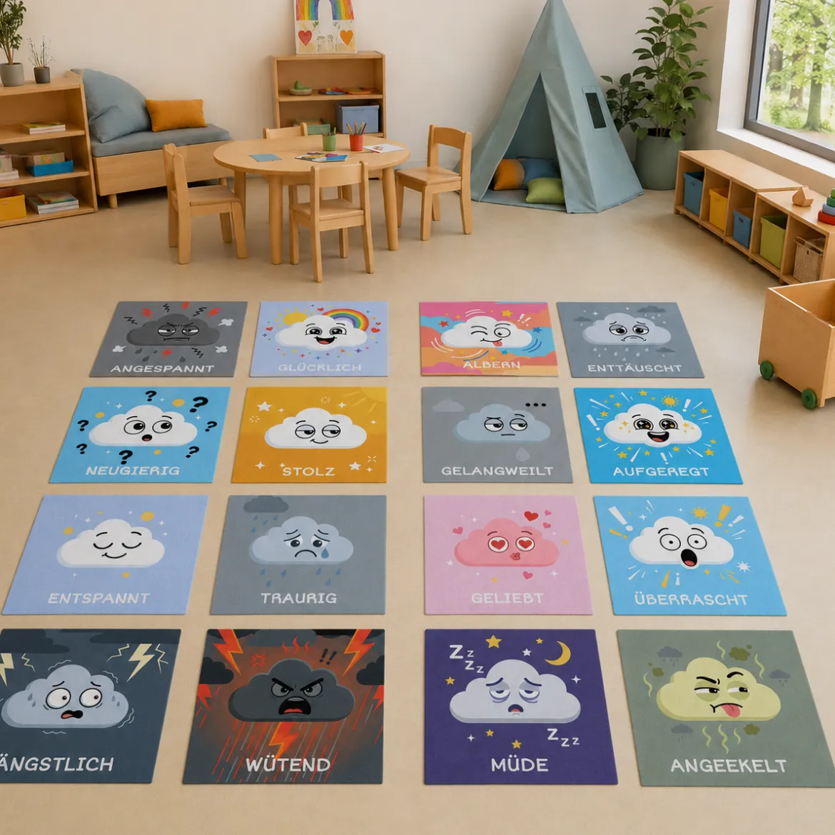 Sitz-Teppichfliesen Emotionen, 16 Wolken mit verschiedenen Gefühlen, für Kinder, 34 x 34 cm