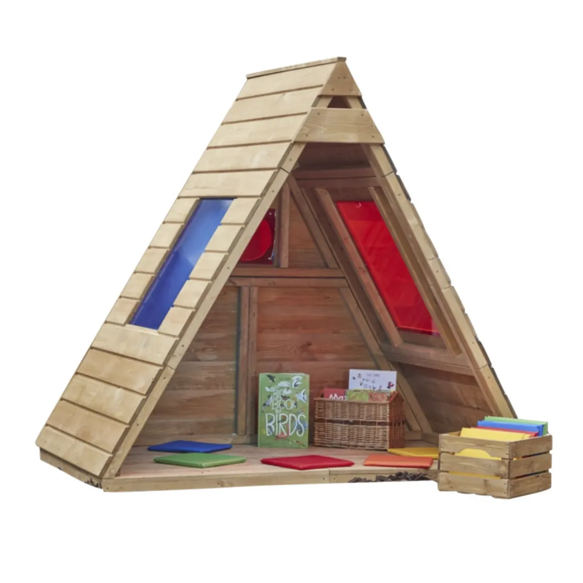 Spielhütte "Feenhaus", mit Spitzdach und bunten Fenstern, Indoor und Outdoor, aus Holz