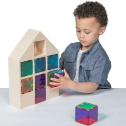 Steckbausteine, Original Crystal Polydron, transluzent, Farbmix-Set CMY inkl. Holzhaus, 48 Teile, für Kinder