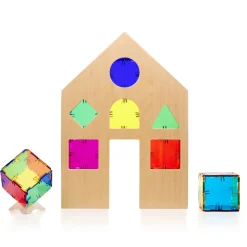 Steckbausteine, Original Crystal Polydron, transluzent, Farbmix-Set CMY inkl. Holzhaus, 48 Teile, für Kinder