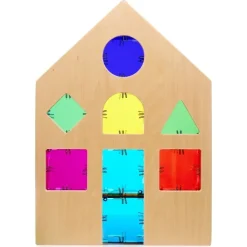 Steckbausteine, Original Crystal Polydron, transluzent, Farbmix-Set CMY inkl. Holzhaus, 48 Teile, für Kinder