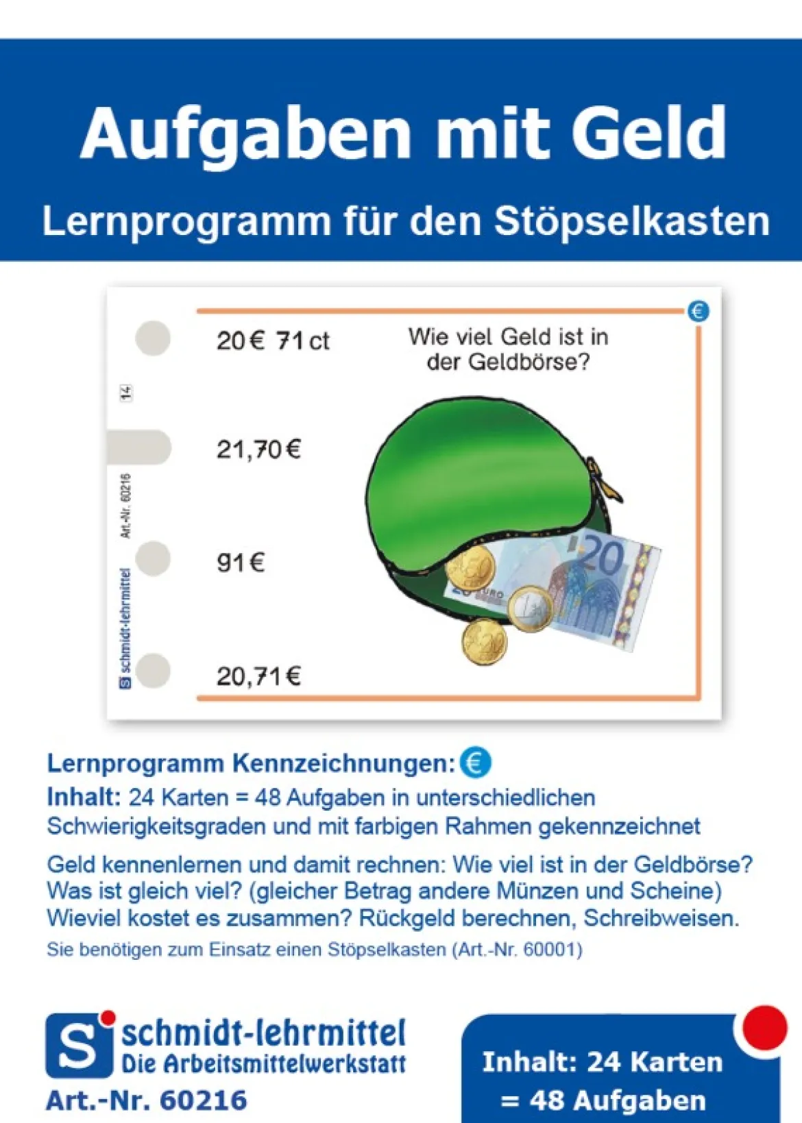 Stöpselkarten 'Aufgaben mit Geld'