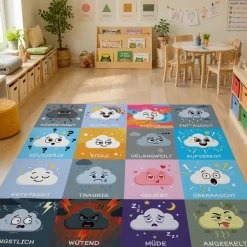 Teppich Emotionen, 16 Wolken mit verschiedenen Gefühlen, für Kinder, 155 x 155 cm